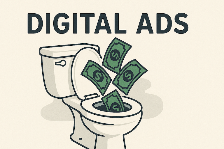 Illustration of money being funneled into a digital ad platform and flushed away, representing wasted ad spend
