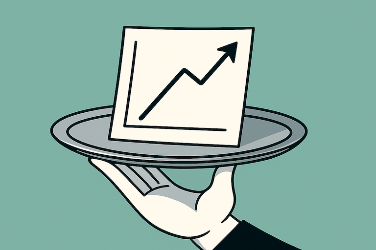 Cartoon-style illustration of a white-gloved hand holding a silver tray with a paper showing an upward-trending line graph on a teal background