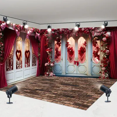 Aperturee Luxury Door Red Curtain Floral Room Set Backdrop, 7X7FT(Left Wall)+10X7FT(Right Wall)+10X7FT(Floor), 247.5 USD, MMH...