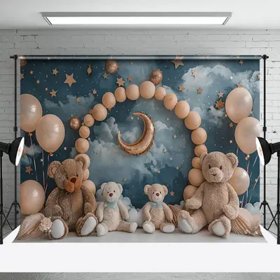 Stars Sky Clouds Bears Balloons Cake Smash Backdrop