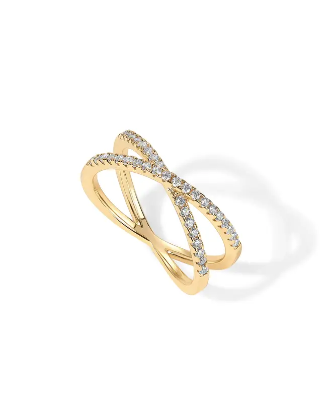 PAVOI 14K Gold Plated Women's X Ring Simulated Diamond CZ Criss Cross Ring