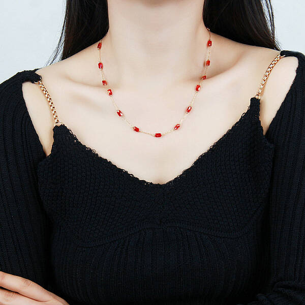 Stainless Steel & Red Glass Rectangle Link Chain Necklaces for Women