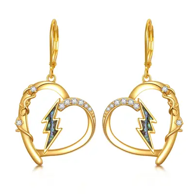 Sterling Silver with Yellow Gold Plated Abalone Shellfish Cubic Zirconia Heart & Lightning Lever-back Earrings
