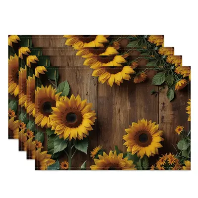 Aperturee Yellow Sunflower Brown Wood Grain Set Of 4 Placemats, 14x12 Inch, 15.8 USD, NYLX00535-S, placemats