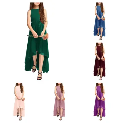 【5-14 Years】Haloumoning Girls Semi Formal Dress Kids Cute A-Line Crewneck Long Chiffon Wedding Prom Party Gowns