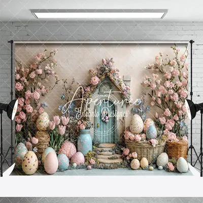 Aperturee Beige Wall Pink Floral Cabin Eggs Easter Backdrop, 3X2FT(1MX0.6M), 14 USD, easter backdrops, ENHD3J48-M