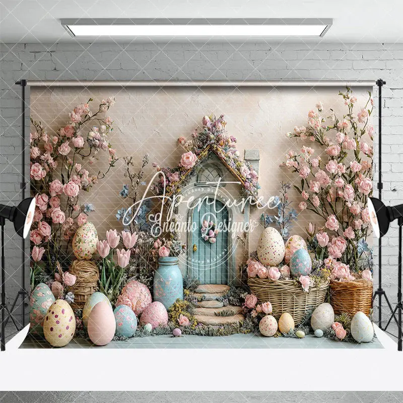 Aperturee Beige Wall Pink Floral Cabin Eggs Easter Backdrop, 3X2FT(1MX0.6M), 14 USD, easter backdrops, ENHD3J48-M