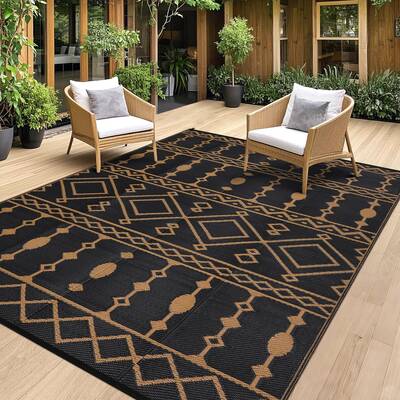 Garvee Outdoor Black & Brown 8x10 Rugs Waterproof Reversible Plastic Straw Rug with Anti-UV Coating, Durable Reinforced Edges...