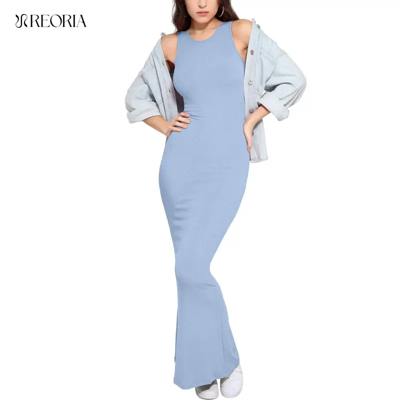 REORIA Fallfreshness Sexy Lounge Tank Long Dress Outdoorfun Elegant Sleeveless Summer Halter Neck Bodycon Maxi Dresses Beach ...