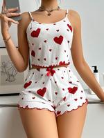 Two-piece Set Women's Heart Print Cami Top & Lettuce Trim Shorts Pyjama, Casual Cute Comfy Adjustable Spaghetti Strap Camisol...