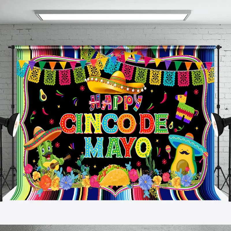 Rainbow Stripe Flags Floral Cinco De Mayo Backdrop - Aperturee