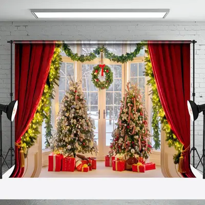 Aperturee Red Curtains Garland Christmas Tree Photo Backdrop