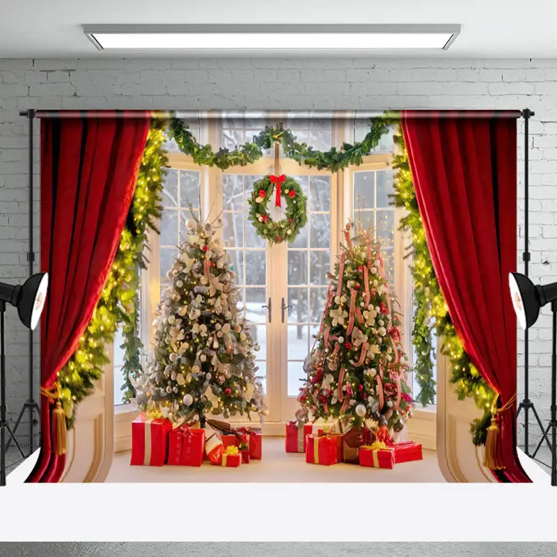 Aperturee Red Curtains Garland Christmas Tree Photo Backdrop
