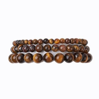 3Pcs Round Natural Tiger Eye Beads Stretch Bracelets