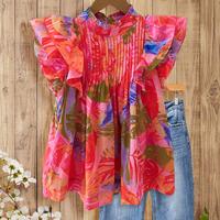 SageVell Tropical Floral Pleated Blouse with Ruffled Sleeves,Lightweight Cascade Pleat Top,Bold Palm Leaf Print & Boho Blouse