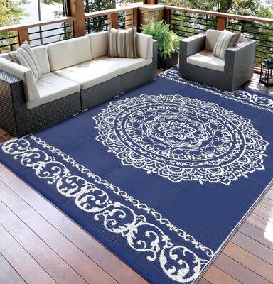 Garvee Outdoor Navy & White 9x12 Rug, Reversible Waterproof Plastic Straw Medallion Design UV Resistant Patio Deck Backyard B...