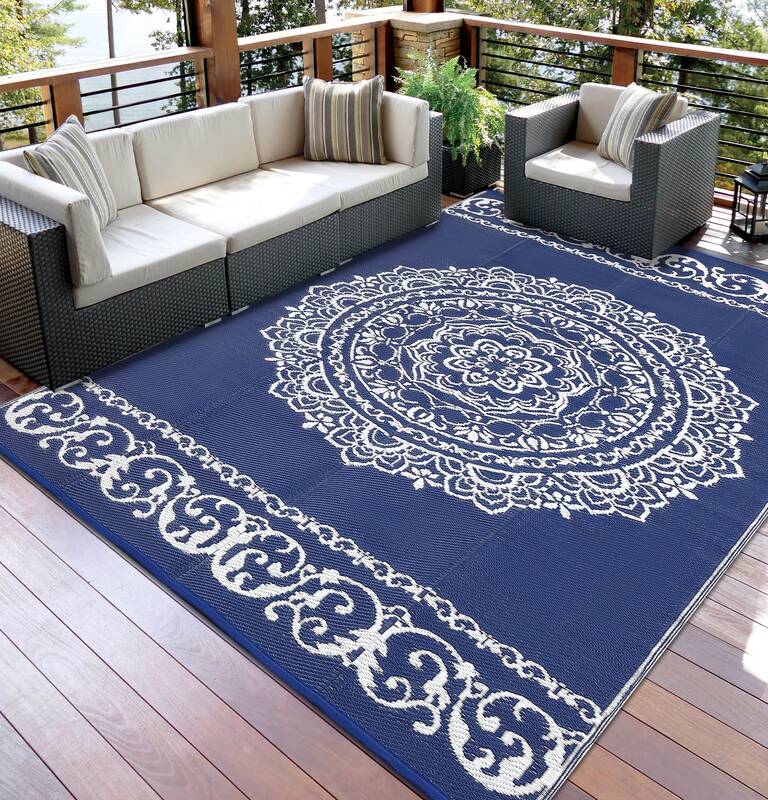 Garvee Outdoor Navy & White 9x12 Rug, Reversible Waterproof Plastic Straw Medallion Design UV Resistant Patio Deck Backyard B...