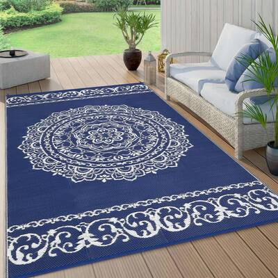 Garvee Outdoor Navy & White 9x12 Rug, Reversible Waterproof Plastic Straw Medallion Design UV Resistant Patio Deck Backyard B...