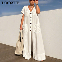 UOOZEE women's loose short-sleeved button pocket solid color V-neck jumpsuit, multi-color, high-quality fabric, suitable for ...
