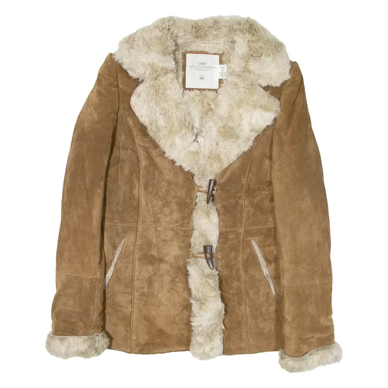 H&M Shearling Womens Overcoat Coat Brown Leather Suede S