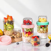 16 oz Overnight Oats Containers with Lids, Glass Jars with Airtight Lids, Dual-Laryer Chia Pudding Jars with Dry and Wet Sepa...
