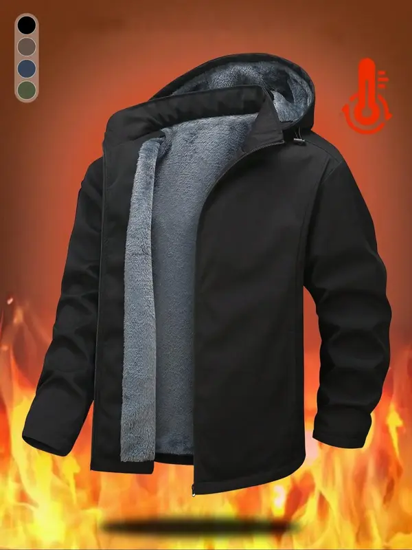 Men's Solid Pocket Drawstring Fleece Jacket, Regular Fit Casual Long Sleeve Zip Up Hooded Outerwear for Fall & Winter, Men's ...