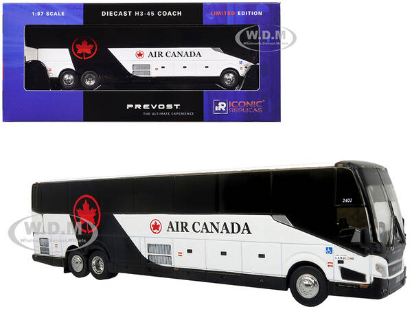 Prevost H3-45 Coach Bus Air Canada Landline Black and White Limited Edition 1/87 (HO) Diecast Model by Iconic Replicas