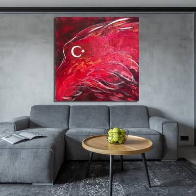 Original Crescent and Star Oil Painting Stand With Turkey Textured Red Artwork for Living Room | RED WIND