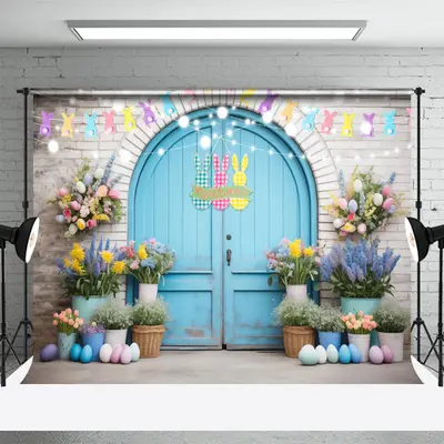 Flower Pot Blue Arch Door Rabbit Easter Backdrop - Aperturee
