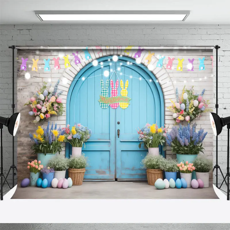 Flower Pot Blue Arch Door Rabbit Easter Backdrop - Aperturee