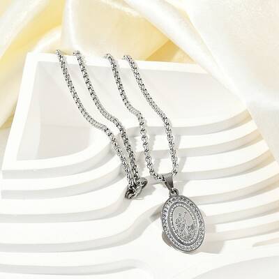 304 Stainless Steel Micro Pave Clear Cubic Zirconia Oval Pendant Box Chain Necklaces for Men