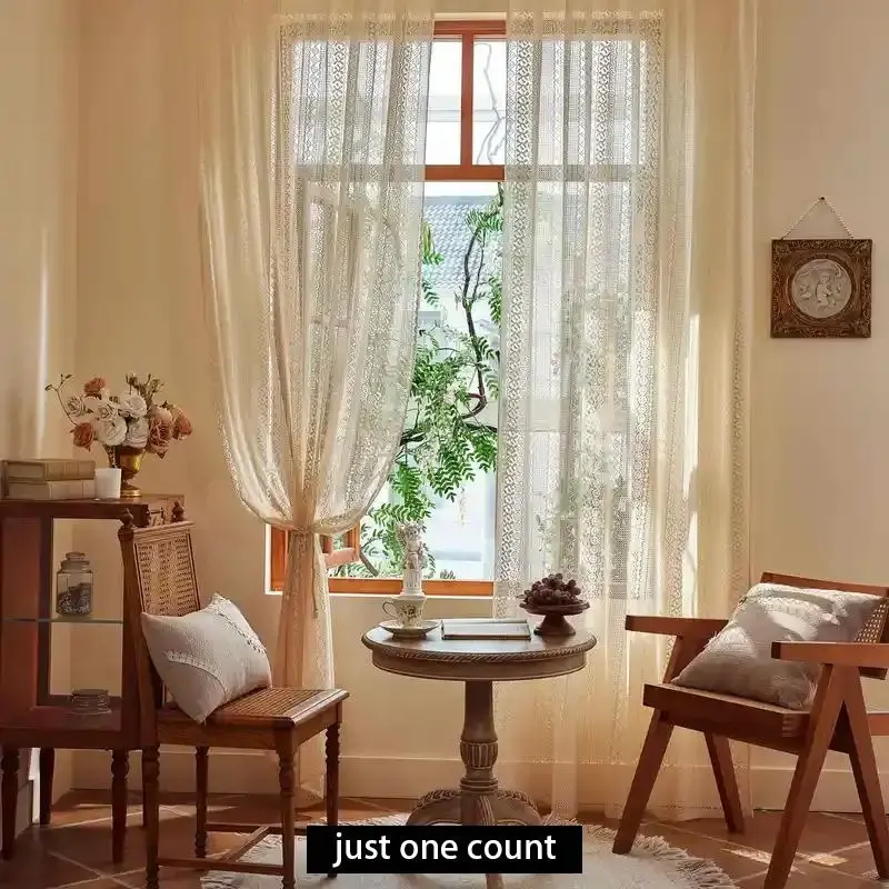 Boho Style Lace Window Curtain, 1 Count Vintage Lightweight Hollow Out Floral Pattern Window Curtain, Window Screen for Home ...