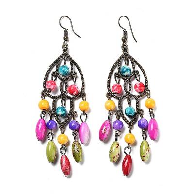 Synthetic Imperial Jasper Woven Web/Net with Oval Tassel Dangle Earrings