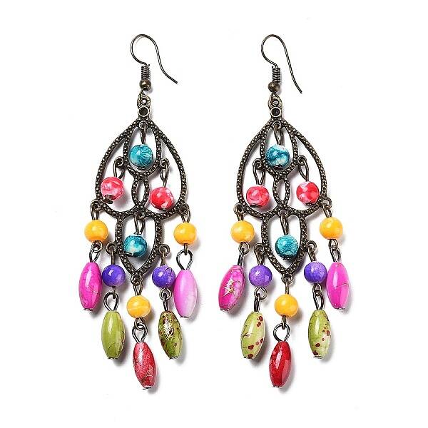 Synthetic Imperial Jasper Woven Web/Net with Oval Tassel Dangle Earrings