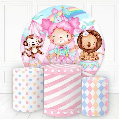Aperturee Circus Girl Animals Pink Round Birthday Backdrop Kit | Circle Birthday Backdrop Cover | Birthday Backdrop Ideas | R...
