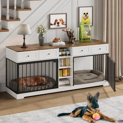 Garvee 82 Large Dog Crate for 2 Dogs, Dog Kennel Indoor with 4 Drawers and Shelves, Double Dog Crate Furniture TV Stand, Woo...