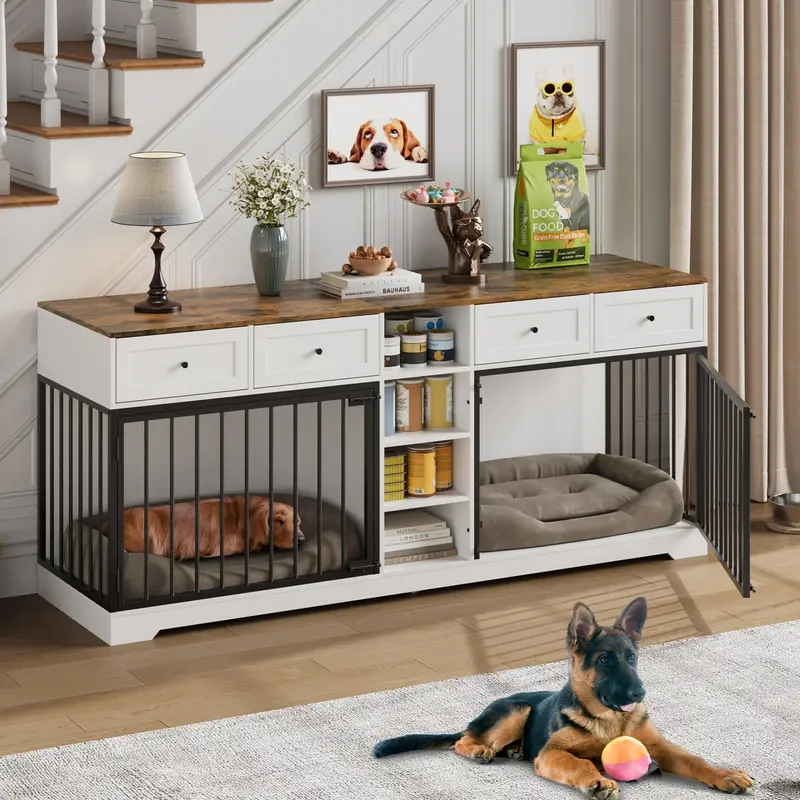 Garvee 82 Large Dog Crate for 2 Dogs, Dog Kennel Indoor with 4 Drawers and Shelves, Double Dog Crate Furniture TV Stand, Woo...