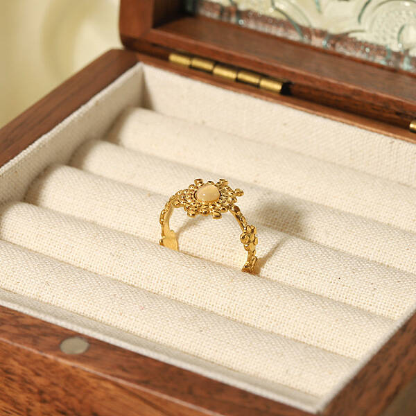 Vintage Adjustable Stainless Steel Pave Natural Stone Flower Cuff Rings for Women