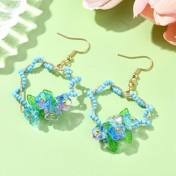 304 Stainless Steel Flower Glass Seed Beaded Dangle Earrings