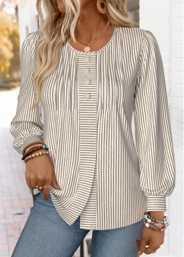 Modlily Light Coffee Striped Long Sleeve Round Neck T Shirt - M