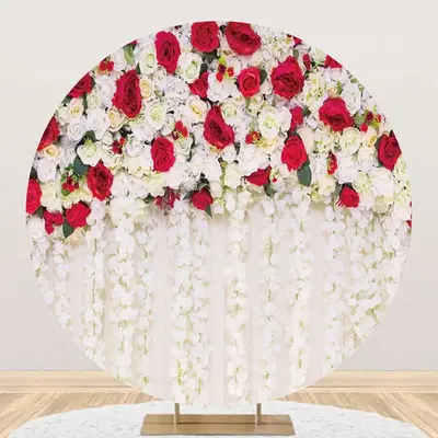 Red White Floral Tassel Leaf Round Wedding Backdrop - Aperturee
