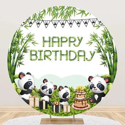 Green Bamboo Forest Panda Round Birthday Backdrop - Aperturee