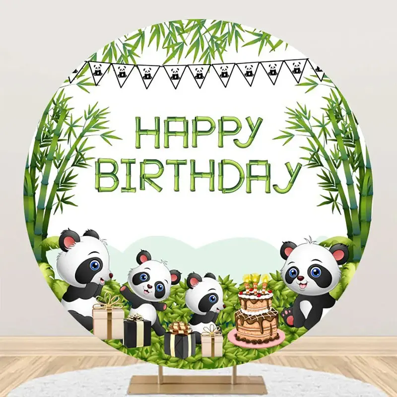 Green Bamboo Forest Panda Round Birthday Backdrop - Aperturee