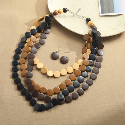 Flat Round Wood Beaded Multilayer Necklaces & Dangle Earrings Sets