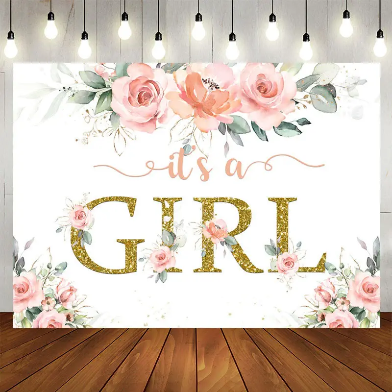 Aperturee Its A Girl Bright Flower Leaf Baby Shower Backdrop