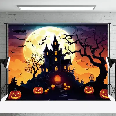 Aperturee Enchant Halloween Castle Glowing Pumpkins Backdrop - Aperturee