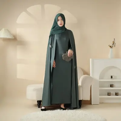 Islamic Modesty Muslim Women Chic Caftan Heavy Rhinestone Full Length Abaya MOA067 Green Chiffon Hijab Maxi Round Neckline