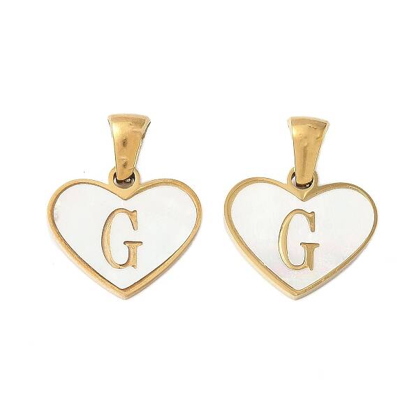 304 Stainless Steel Pave Natural White Shell Heart with Initial Slice Pendants