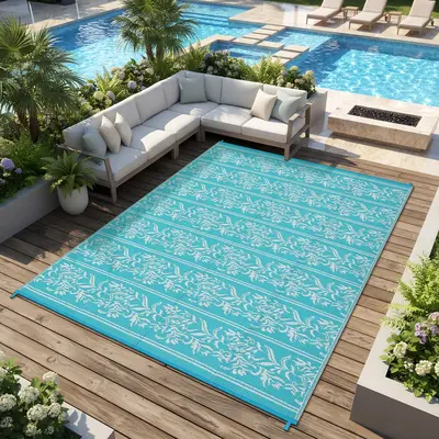 Garvee Waterproof Reversible Outdoor Rug - Boho Leaf Design - Lightweight, Collapsible Plastic Straw Mat with Stakes & Storag...
