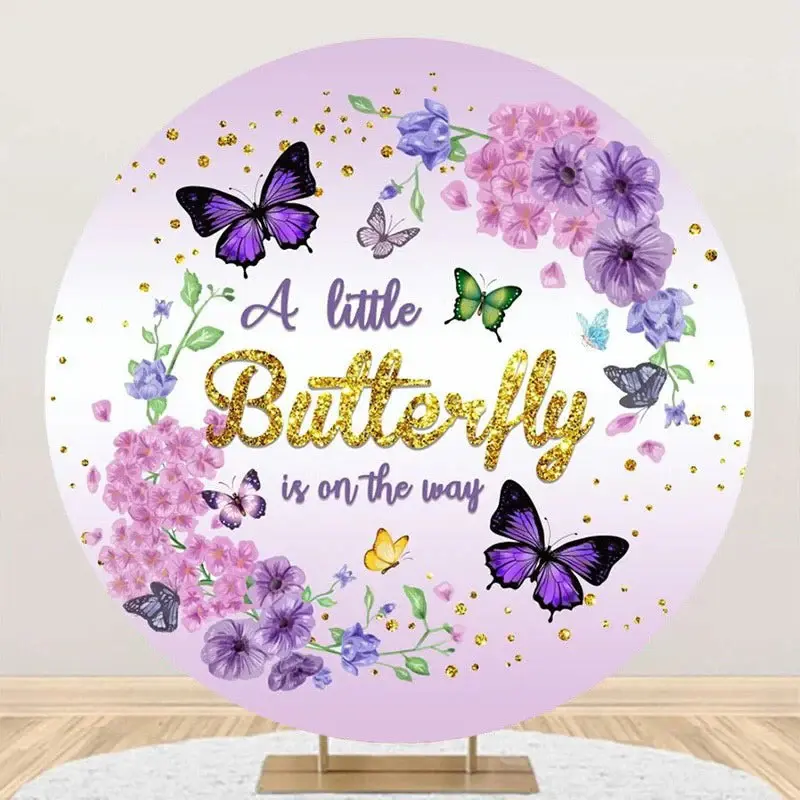 Purple Butterfly Floral Round Baby Shower Backdrop - Aperturee
